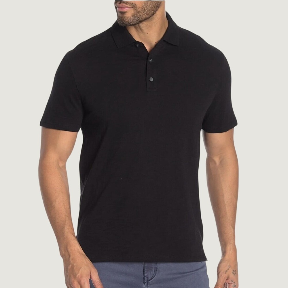 Vince Mens XXL Black Slub Cotton Short Sleeve 3-Button Polo Shirt